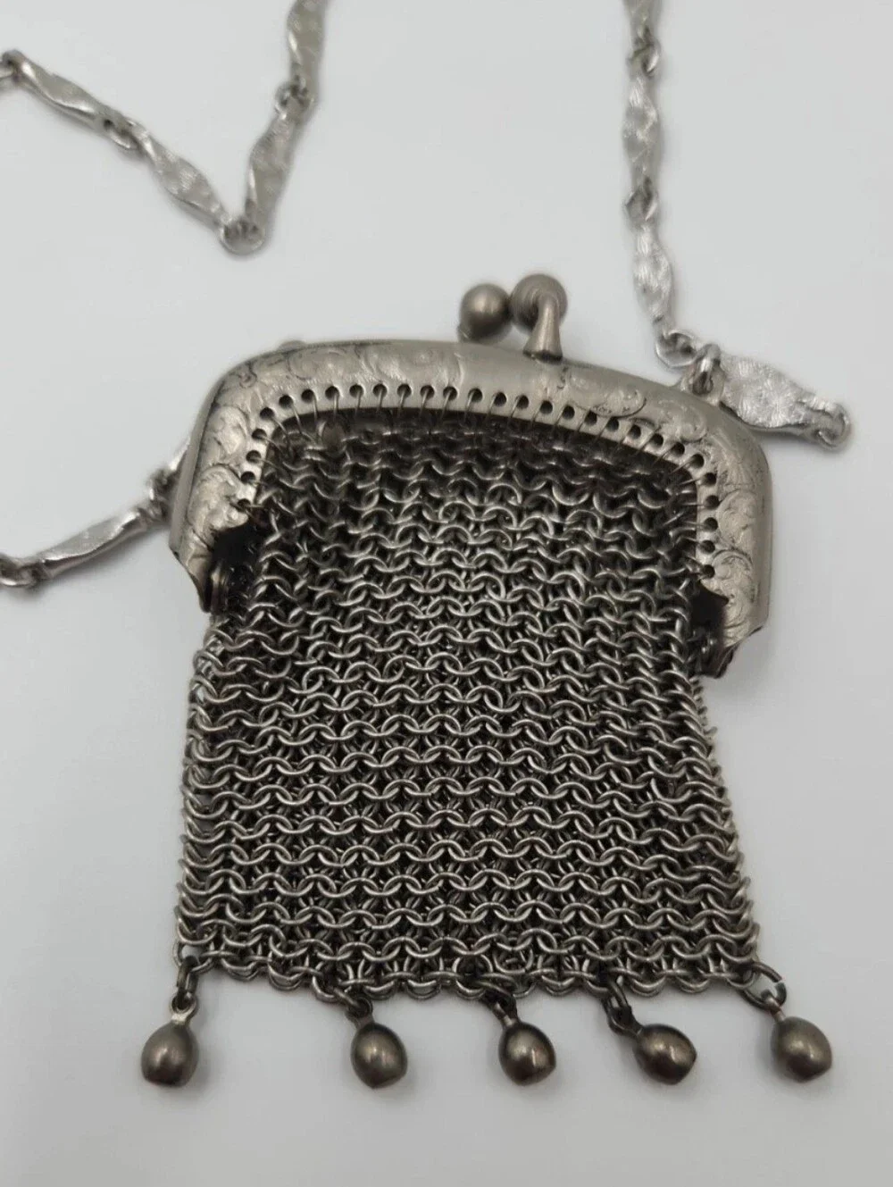 Vintage German Silver Mesh Evening Purse Chainmail Bag Ornate Frame Necklace